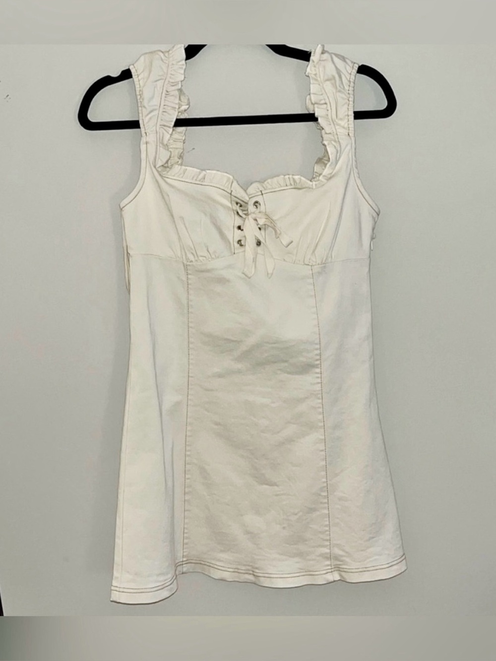 4 for $30- Urban Outfitters Cream Denim Mini Western Ruffled Lace-Up Tank Dress